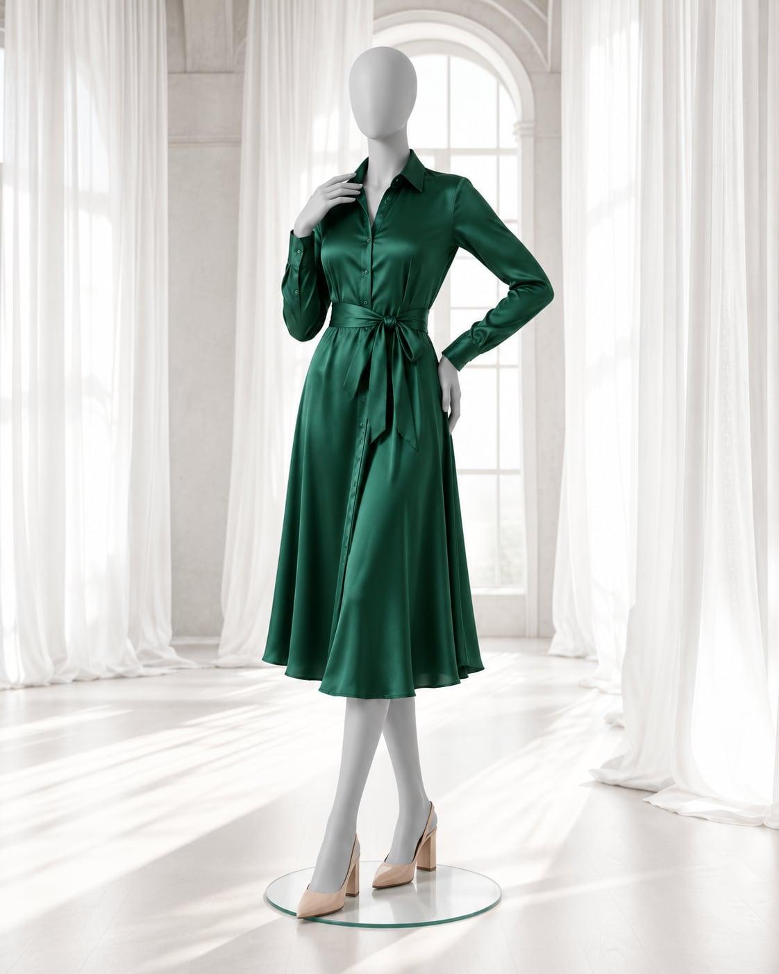 Grey mannequin in an emerald satin shirt dress with a self-tie belt