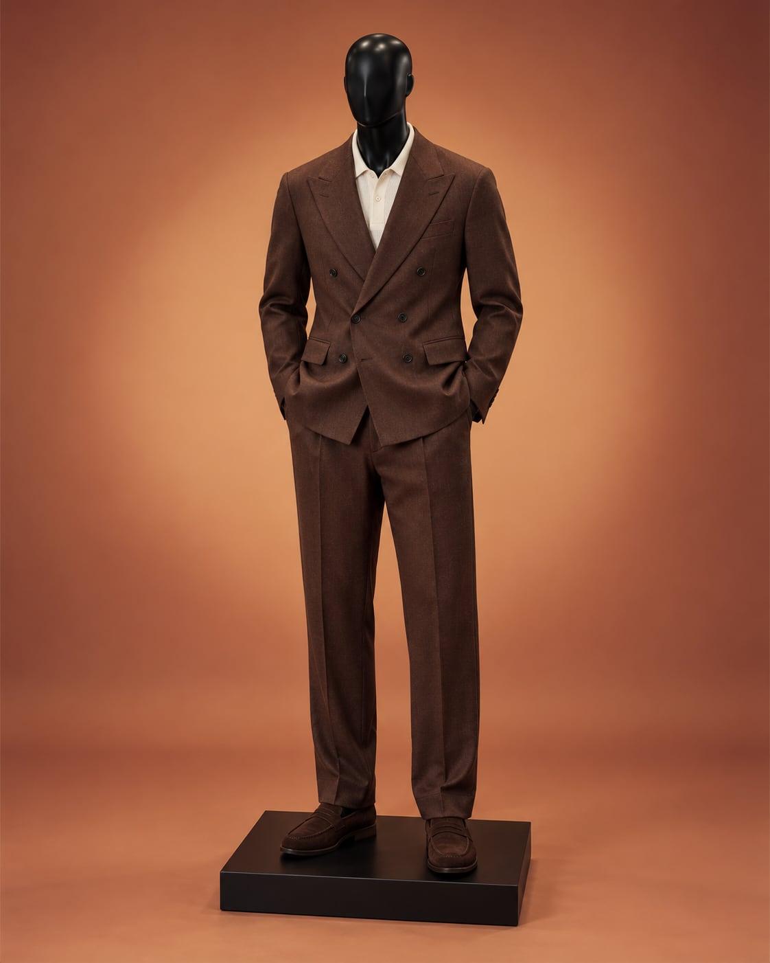Black mannequin in a chocolate double-breasted suit over a cream knit polo