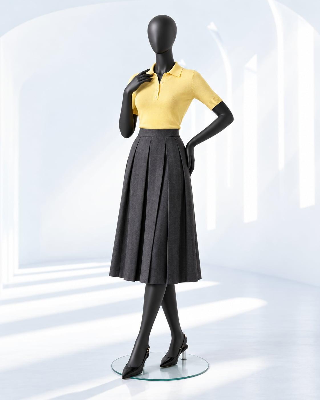Black mannequin in a charcoal pleated midi skirt and lemon-yellow knit polo