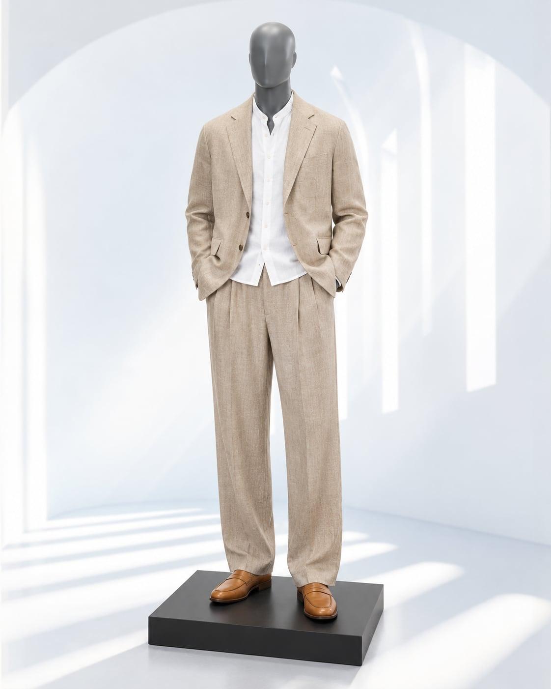 Grey mannequin in a sandy linen suit over a white band-collar shirt