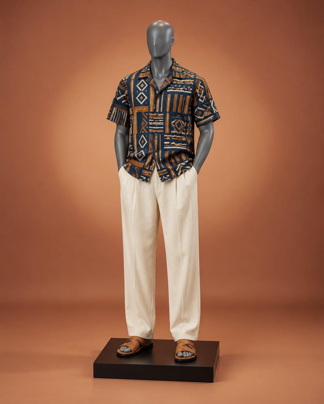 Grey mannequin in an indigo and ochre print Cuban-collar shirt with cream trousers