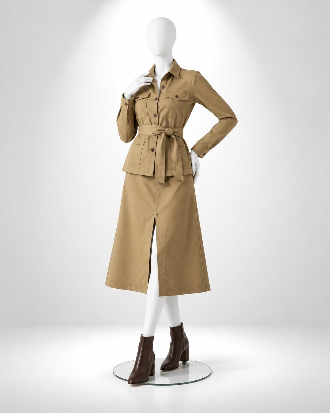 White mannequin in a khaki utility shirt-jacket and matching midi skirt