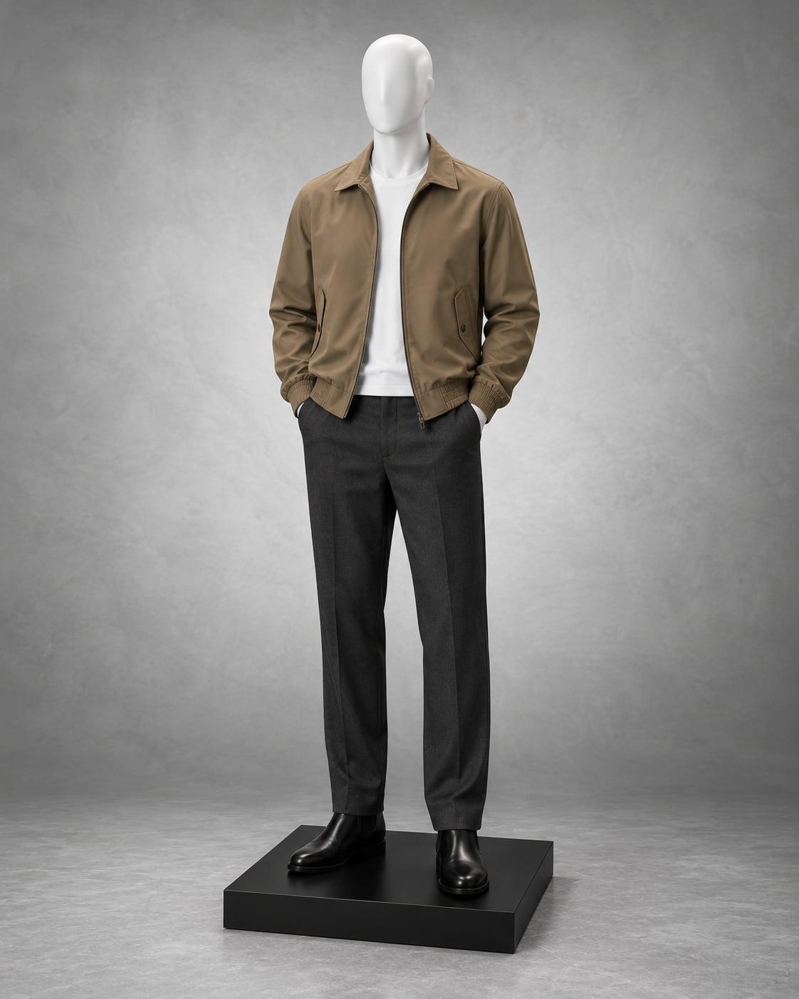 White mannequin in charcoal tailored trousers, khaki Harrington jacket and white tee
