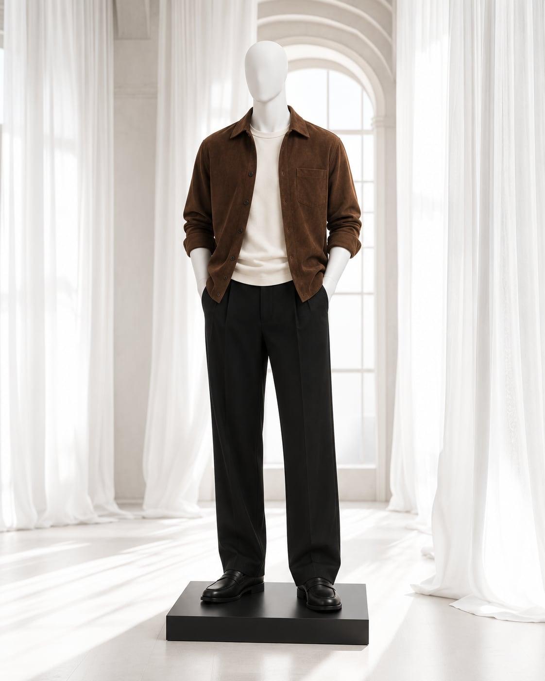 White mannequin in black pleated wide-leg trousers with a chocolate overshirt