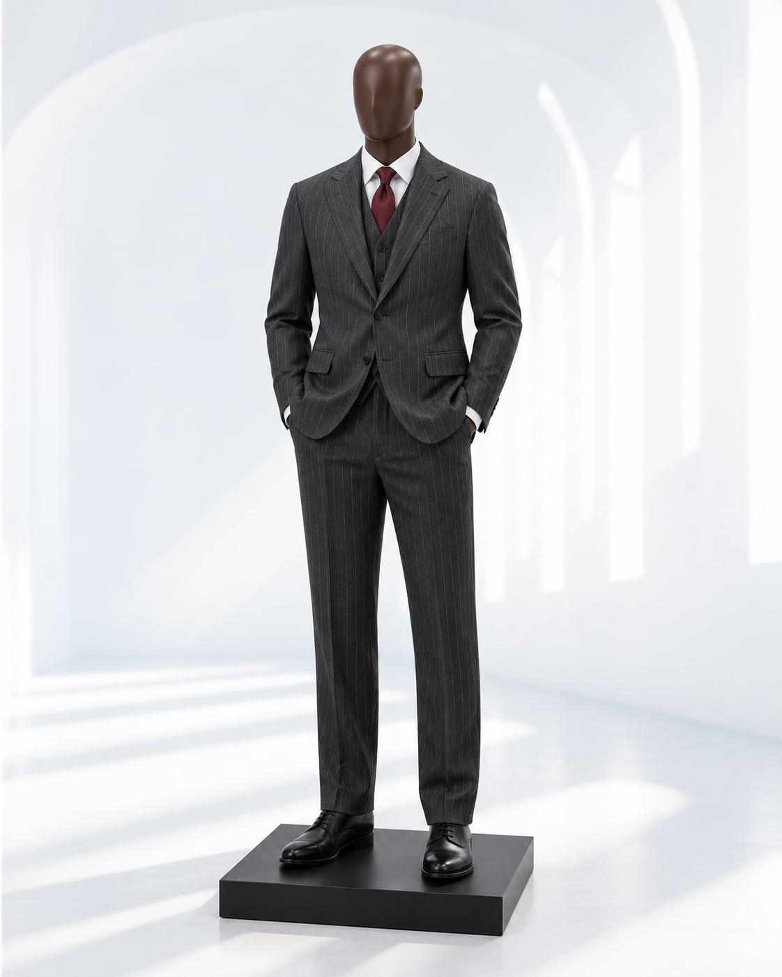 Brown mannequin in a charcoal chalk-stripe three-piece suit with a burgundy tie