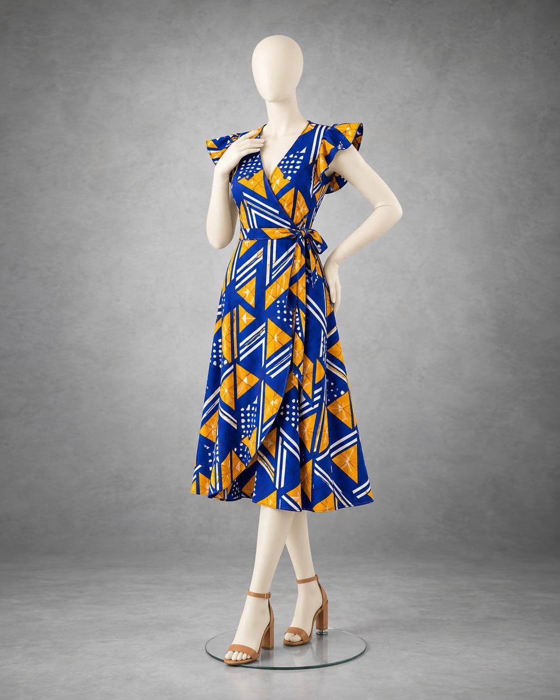 Cream mannequin in a cobalt and marigold geometric print wrap midi dress