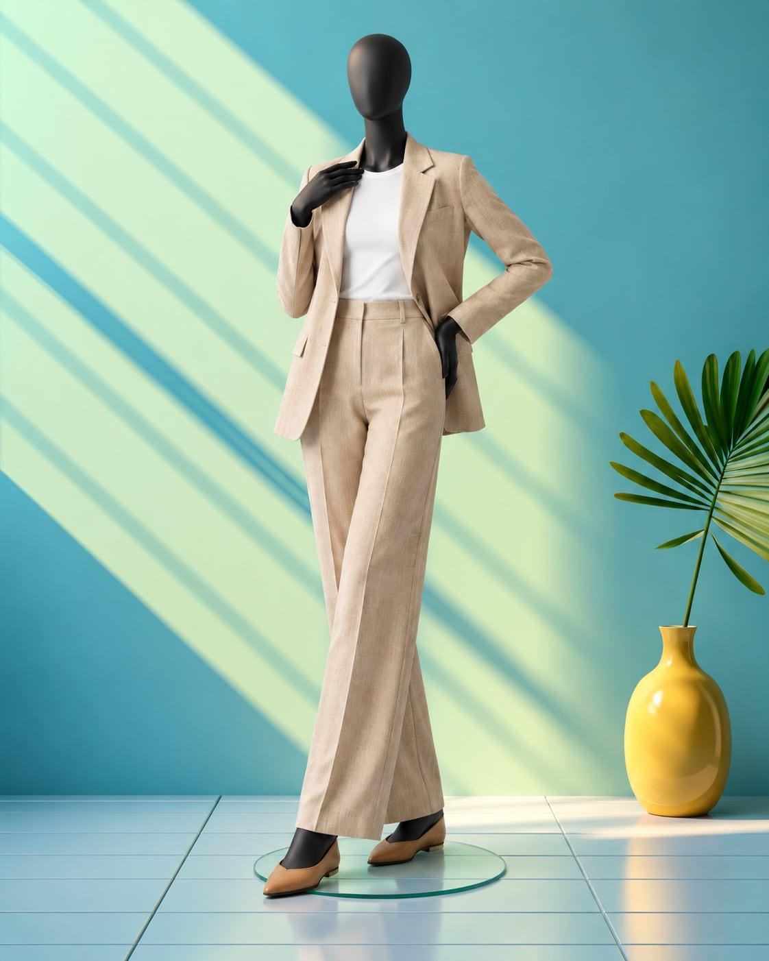 Black mannequin in a sandy linen blazer and matching wide-leg trousers