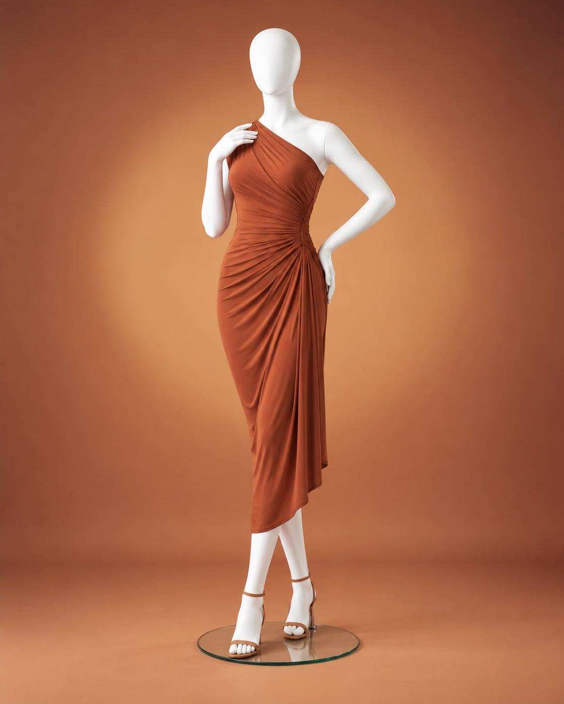 White mannequin in a terracotta one-shoulder draped midi dress