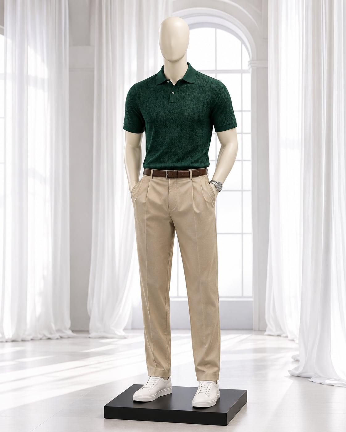 Cream mannequin in stone pleated chinos and a forest-green knit polo