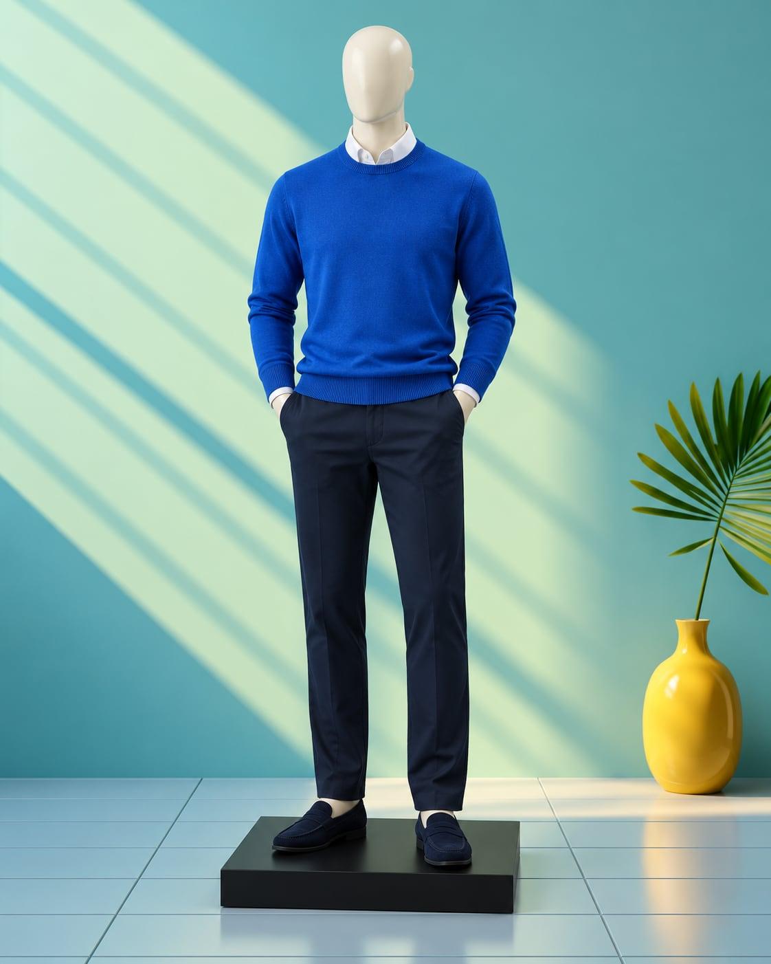 Cream mannequin in navy slim chinos and an electric-blue jumper over a white shirt