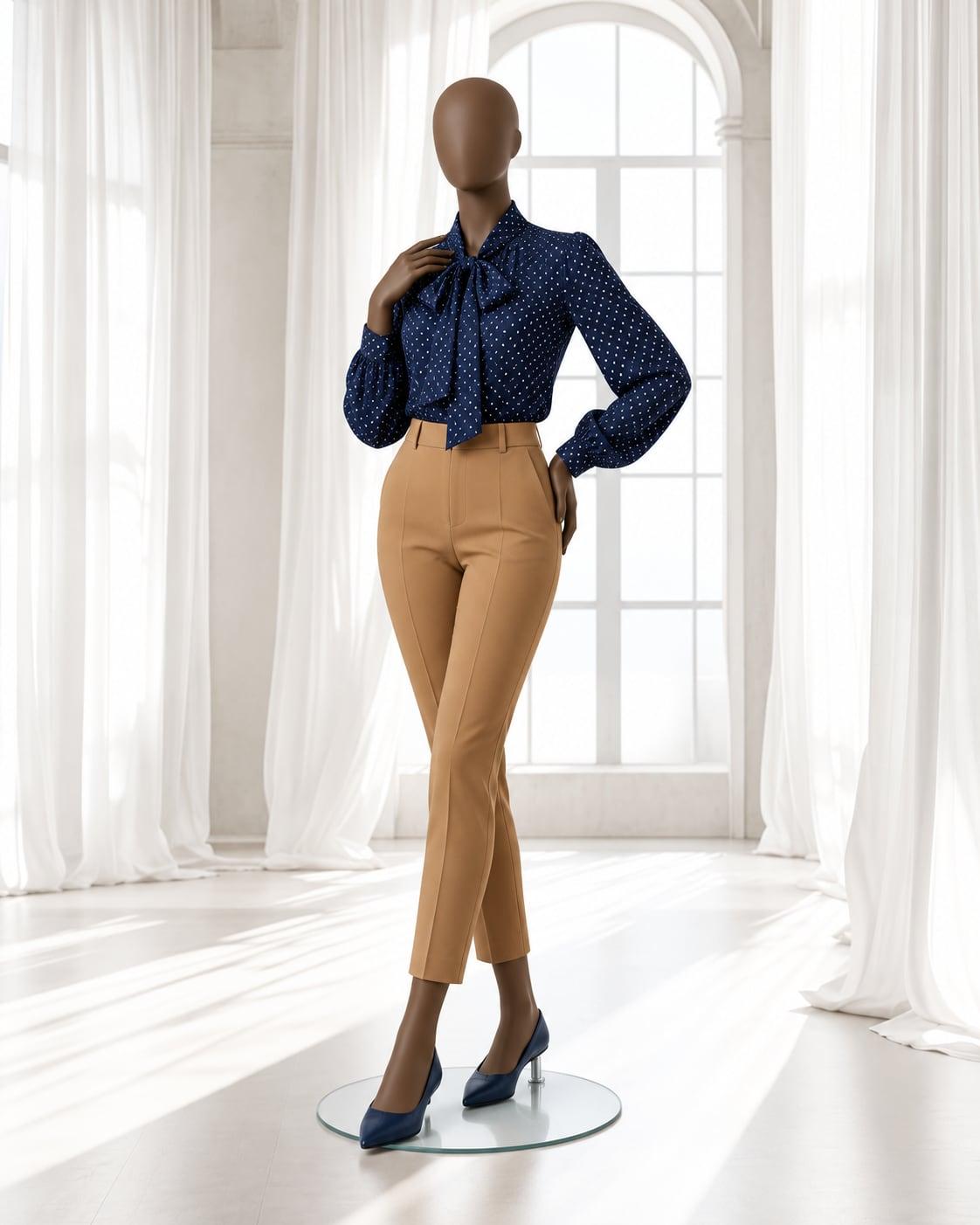 Brown mannequin in a navy polka-dot bow blouse with camel cigarette trousers