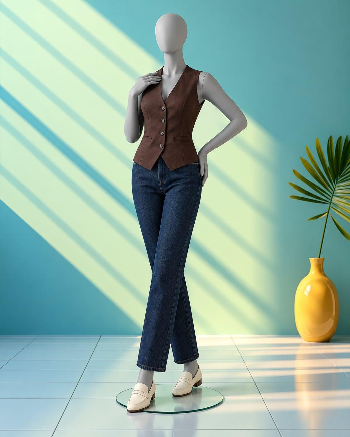 Grey mannequin in a chocolate longline waistcoat with dark straight-leg jeans